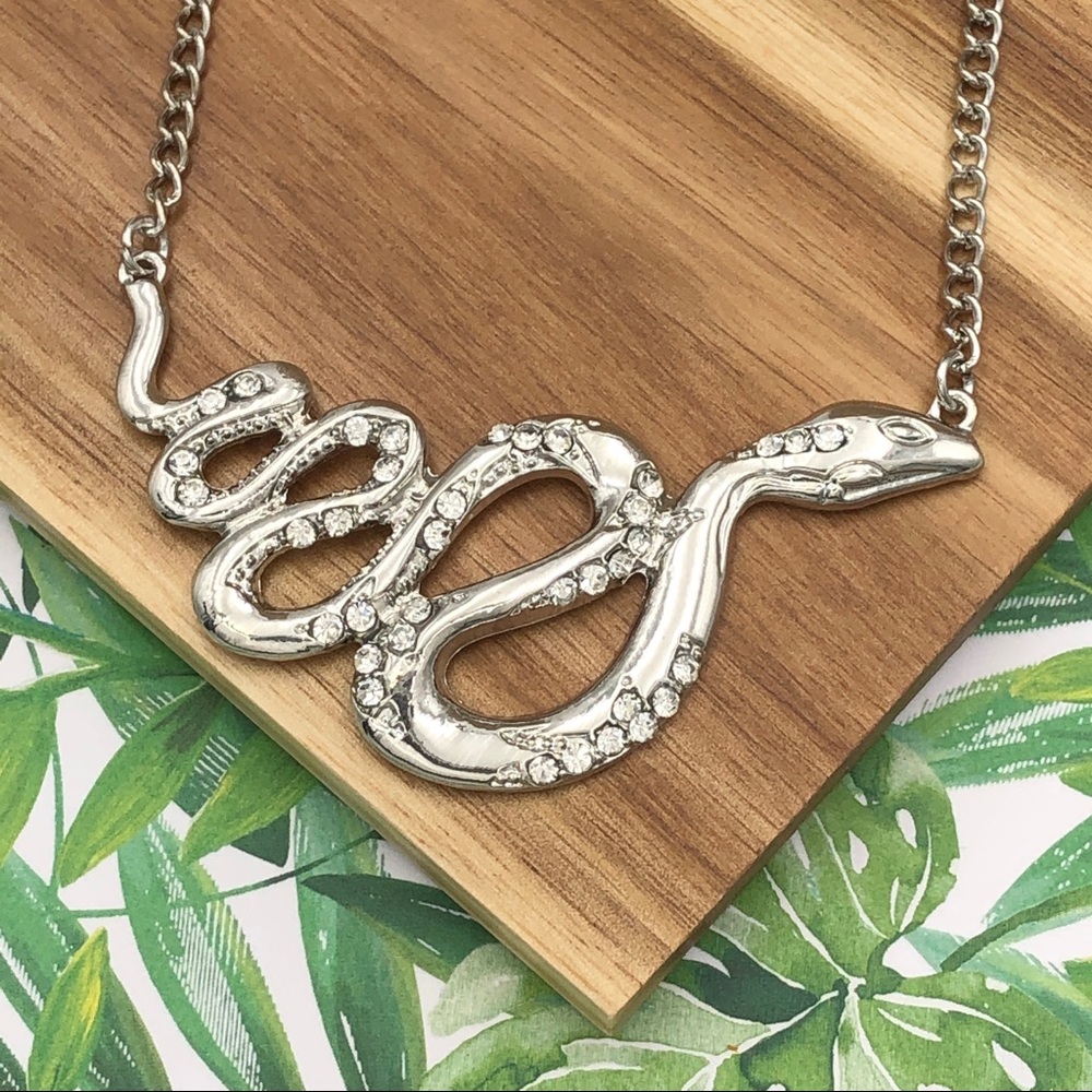 🌼 Silver Snake Rhinestone Necklace - Picture 2 of 3